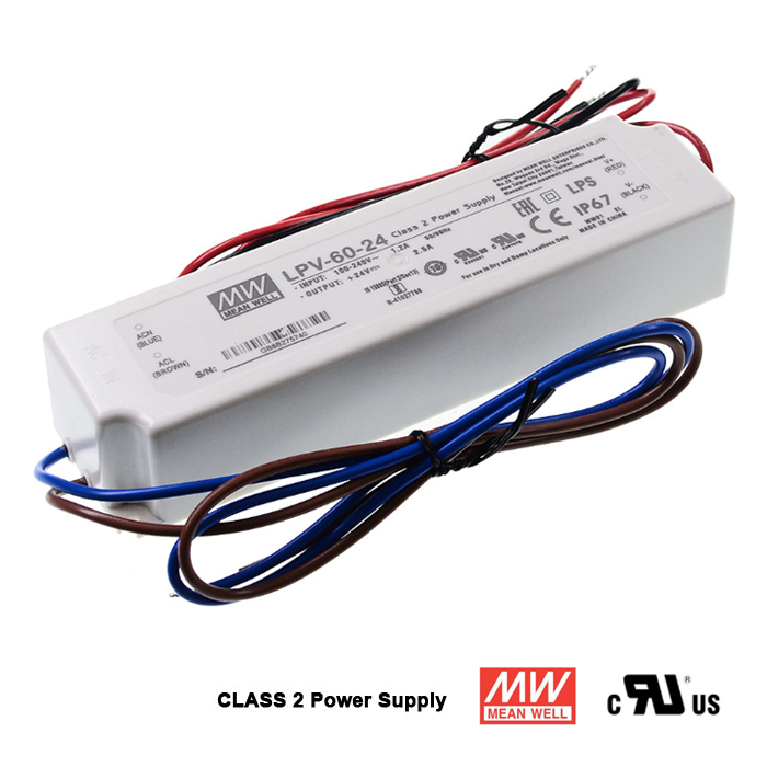 24 Volt 2.5 Amp Waterproof Power Supply, 60W Class 2 LED Driver