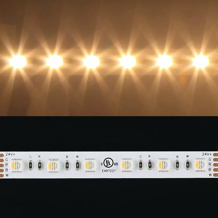 5050 24V RGBW+Warm White 2700k Color Changing LED Strip Light, 60/m, 5m Reel