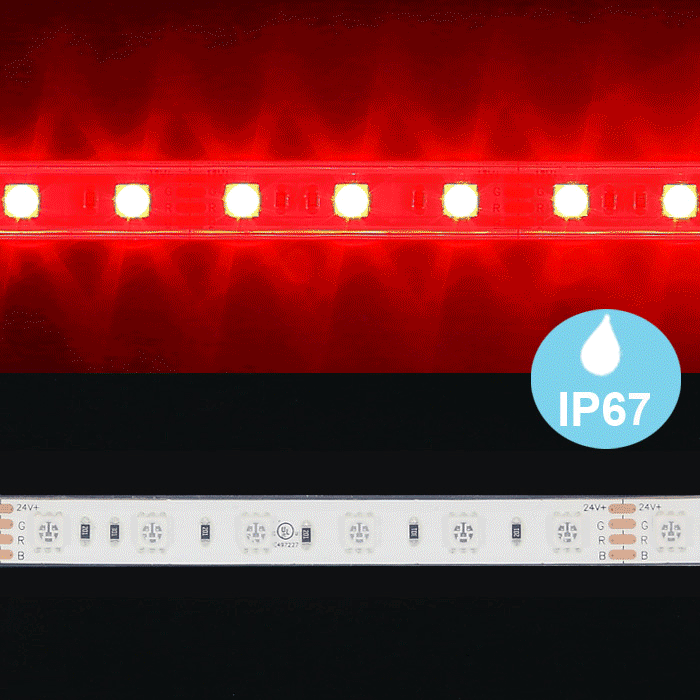 IP67 RGB multi color LED strip light, 24V 5050 5M Reel